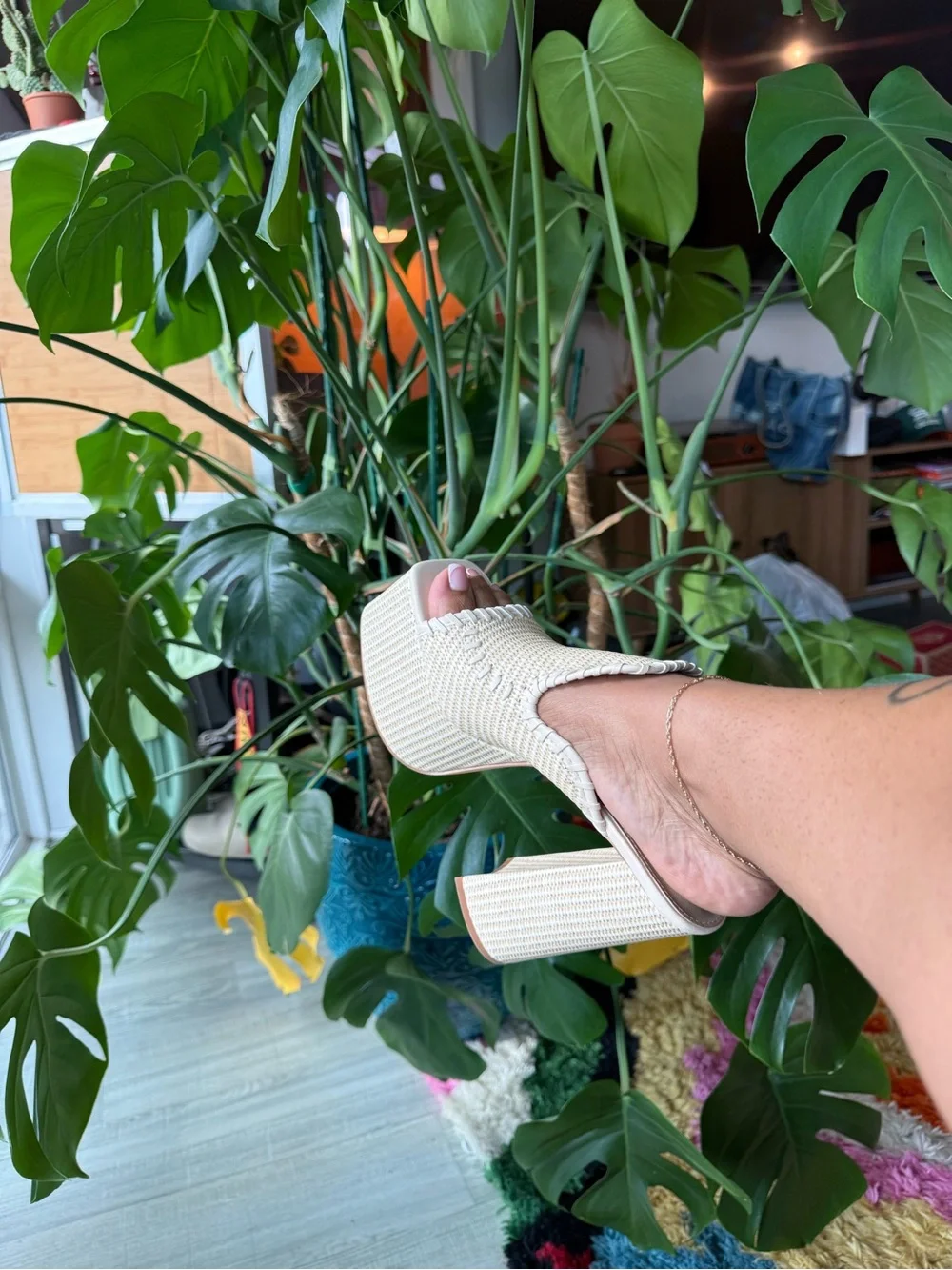 EGO Cream Woven Platform Mule Heels